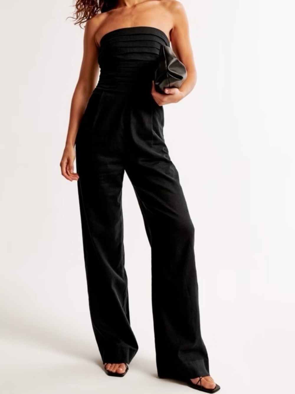 Abercrombie & Fitch Black Strapless Wide-Leg Jumpsuit- Linen and Cotton Blend